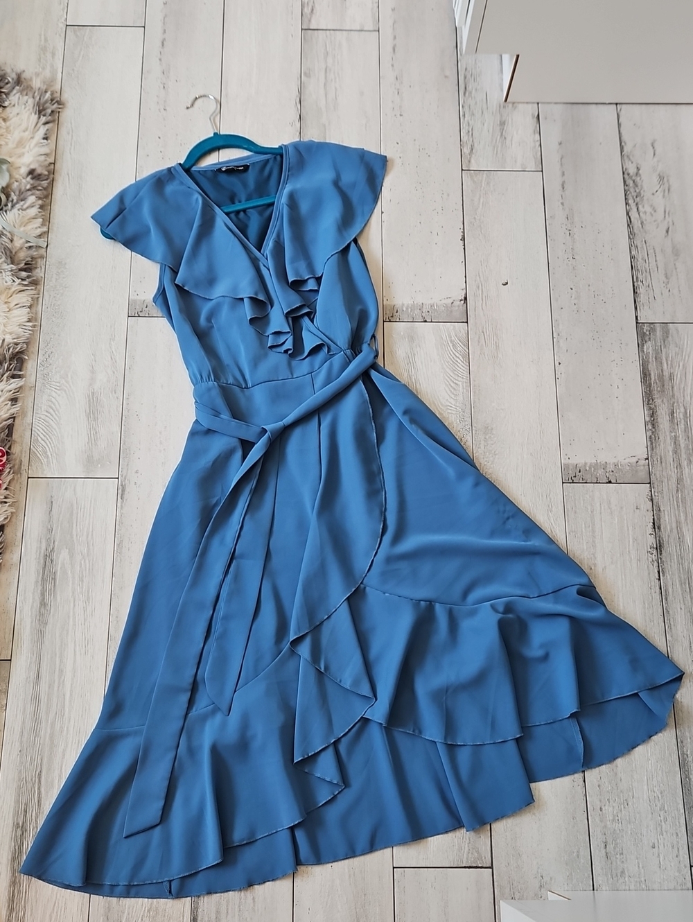 Ruffled Sky Blue Asymmetrical Wrap Dress